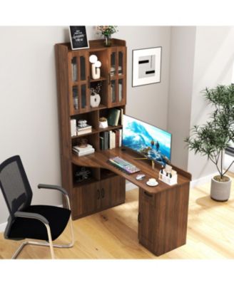 2-in-1 L-Shaped Corner Desk with Drawers, Bookshelf & Hutch