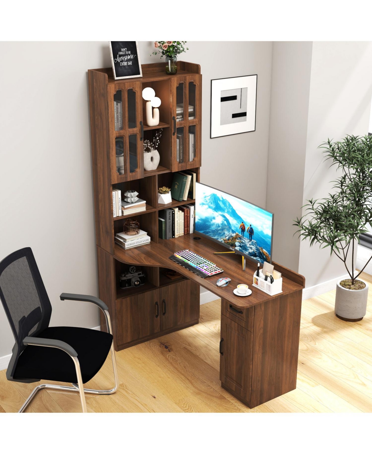 Streamdale Furniture 2-in-1 L-Shaped Corner Desk with Drawers, Bookshelf & Hutch