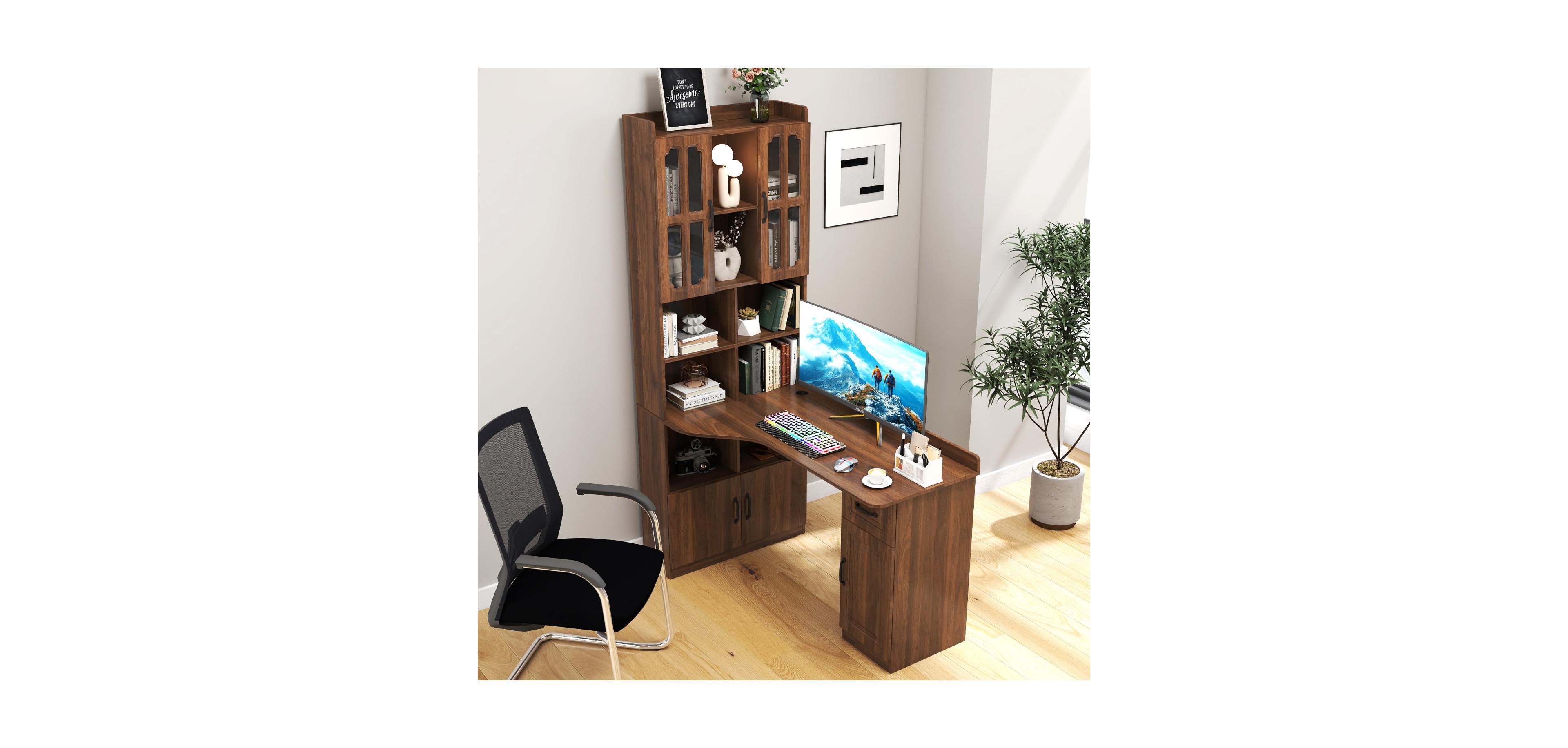 Streamdale Furniture 2-in-1 L-Shaped Corner Desk with Drawers, Bookshelf & Hutch