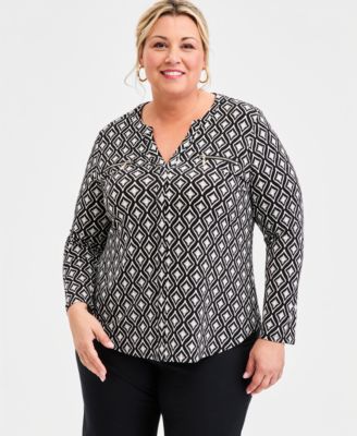 Plus Size Printed Split-Neck Long-Sleeve Top