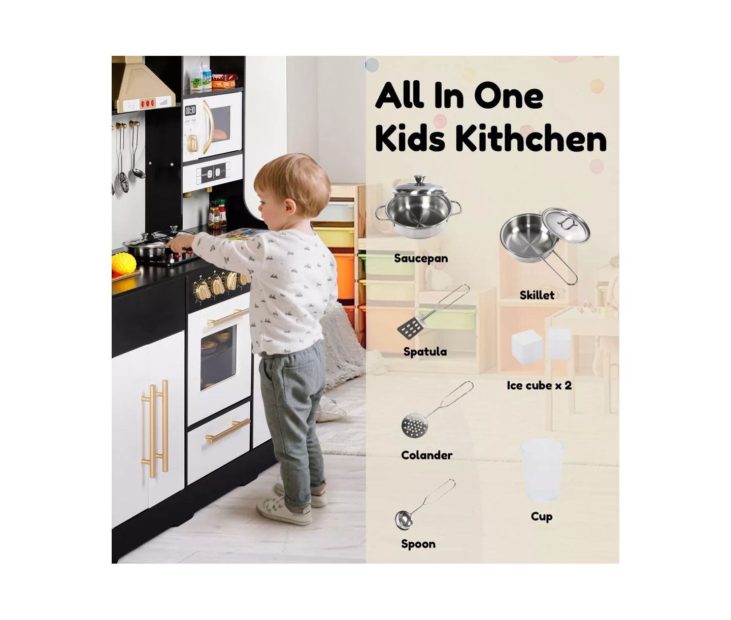 Детский игровой набор Kinder King Wooden Play Kitchen Playset, 9-Piece, Ages 3+, цвет: Чёрный — фото 3