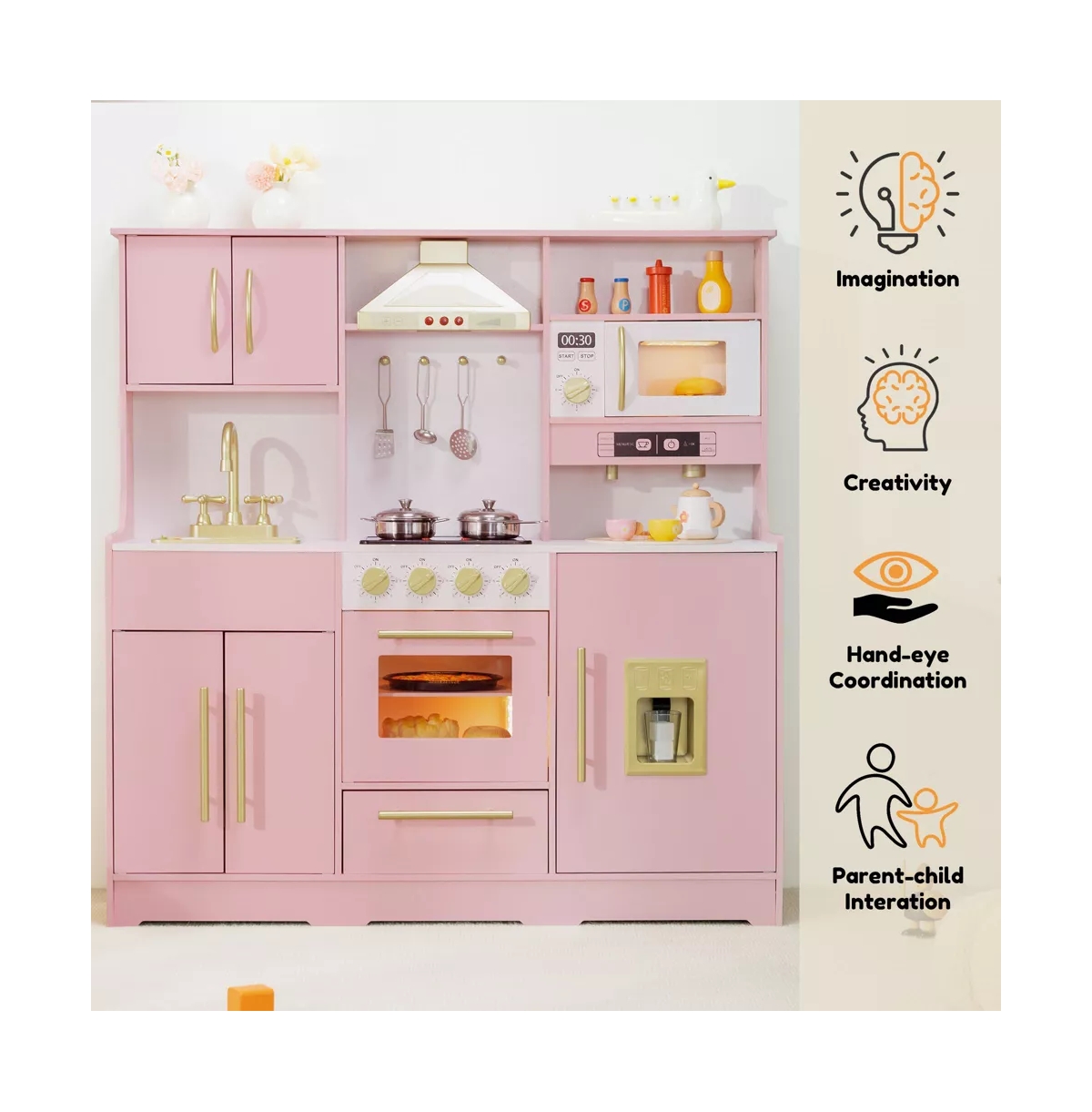 Kinder King Wooden Kids Play Kitchen, Pretend Kitchen Playset w/Sounds for Toddlers.