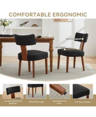 Linen Fabric Armless Dining Chairs, Curved Back, Wood Legs, Black (Set of 2)