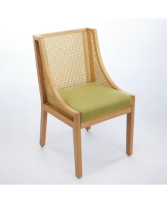 Rattan Dining Chair, Wood Frame, Linen Seat, Rustic Style, Olive Green