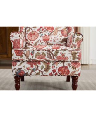 Floral Red Accent Chair with Wood Legs