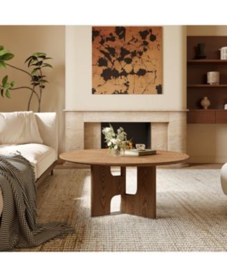 31.5 Inches Round Rustic Ash Wood Veneer Coffee Table for Small Living Room