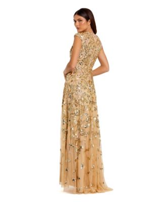Women's Sequin Mesh High Neck Cap Sleeve A Line Gown