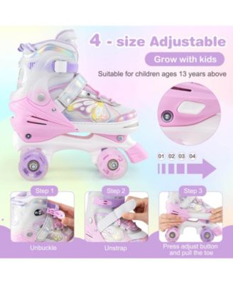 4 Sizes Adjustable Quad Skates with Light-up Wheels Safety Protection for Ages 13+