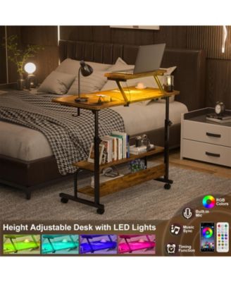 Small Standing Desk with Power Outlets and LED Light, Mobile Lift Top Desk with Monitor Stand