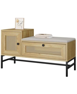 Shoe Storage Bench with Drawer and Cabinet, Rattan