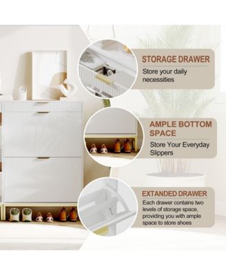 Fluted Shoe Storage Cabinet, Narrow Shoe Organizer with 2 Flip Drawers
