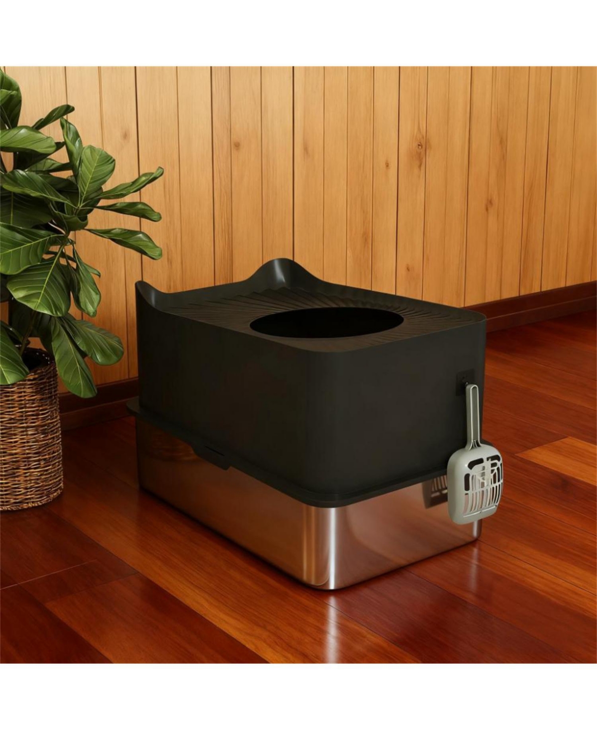 Aostirmotor Black Stainless Steel Top-Entry Cat Litter Box with Scoop & Odor Control – 17.2 Gallon, for Cats