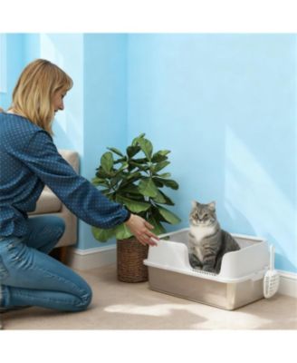 Light Gray Stainless Steel Litter Box for Large Cats: High Sides & Scoop, Elevate Your Space with Sleek