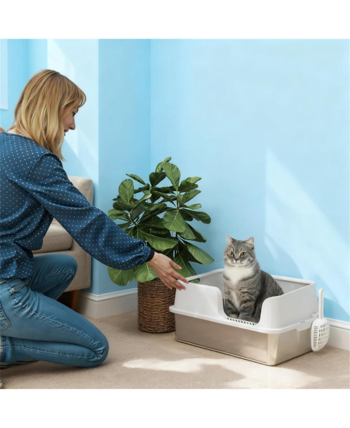 Aostirmotor Light Gray Stainless Steel Litter Box for Large Cats: High Sides & Scoop, Elevate Your Space with Sleek