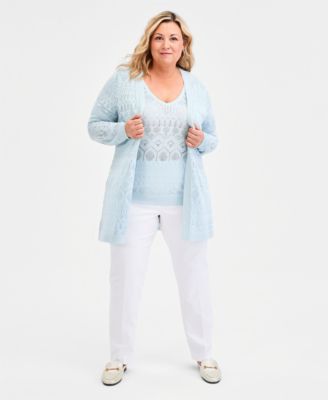 Plus Size Metallic Pointelle Knit Open-Front Cardigan