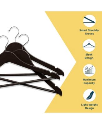 20-pack brown wooden hangers with 360°, non-slip notches, and pants bar. Supports up to 10 lbs—perfect for suits, dresses, coats & more.