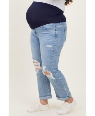 Plus Size Light Blue Ripped Knee Rolled Cuff Straight Leg Jeans