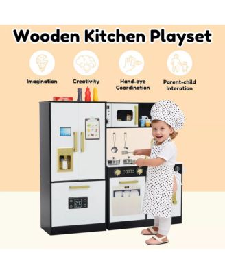 Pretend Play Kitchen Wooden Toy Set for Kids with Sounds, Utensils, Oven & Microwave, Gift for Age 3+