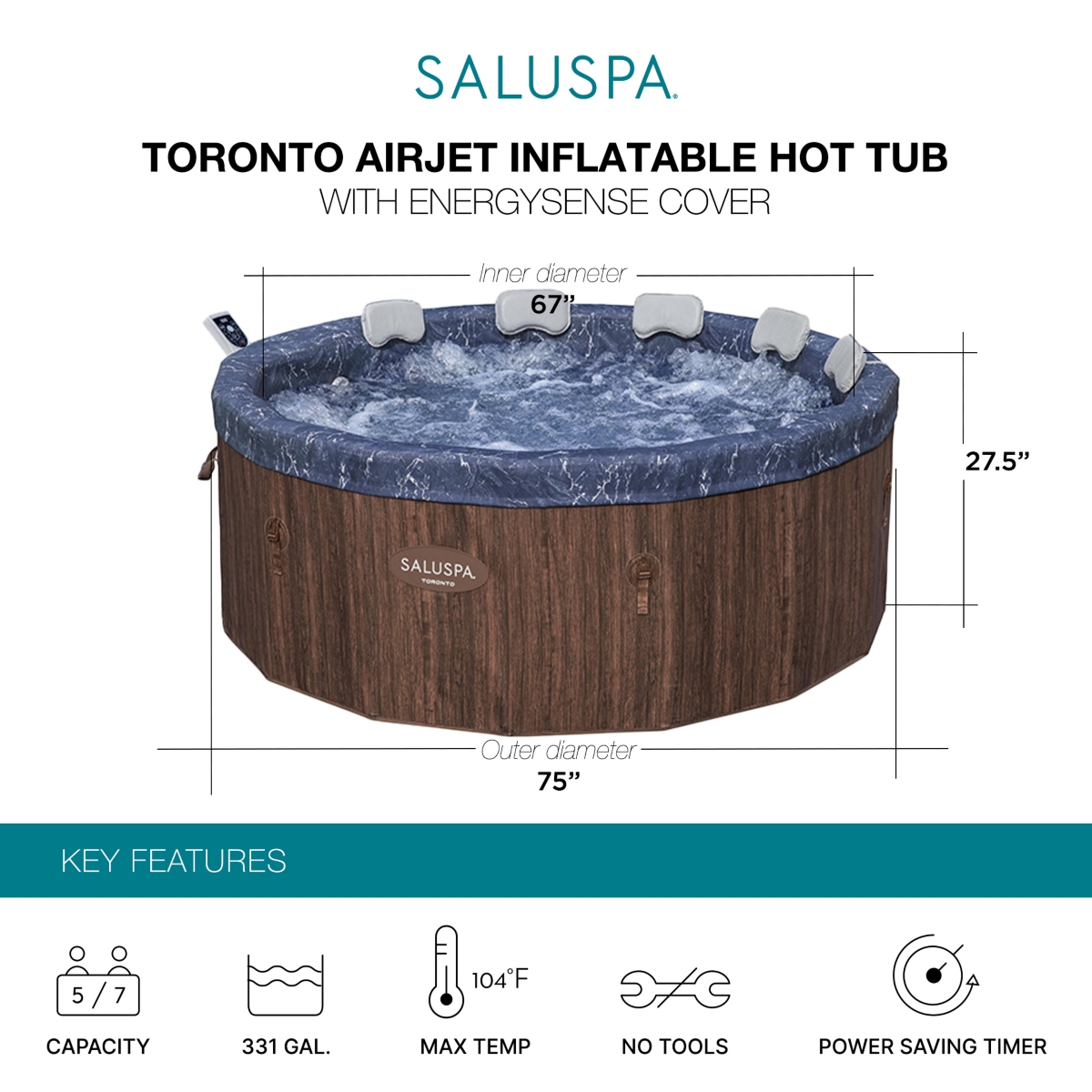 Bestway SaluSpa Toronto 5-7 Person Energy-Efficient AirJet Hot Tub, App, Brown