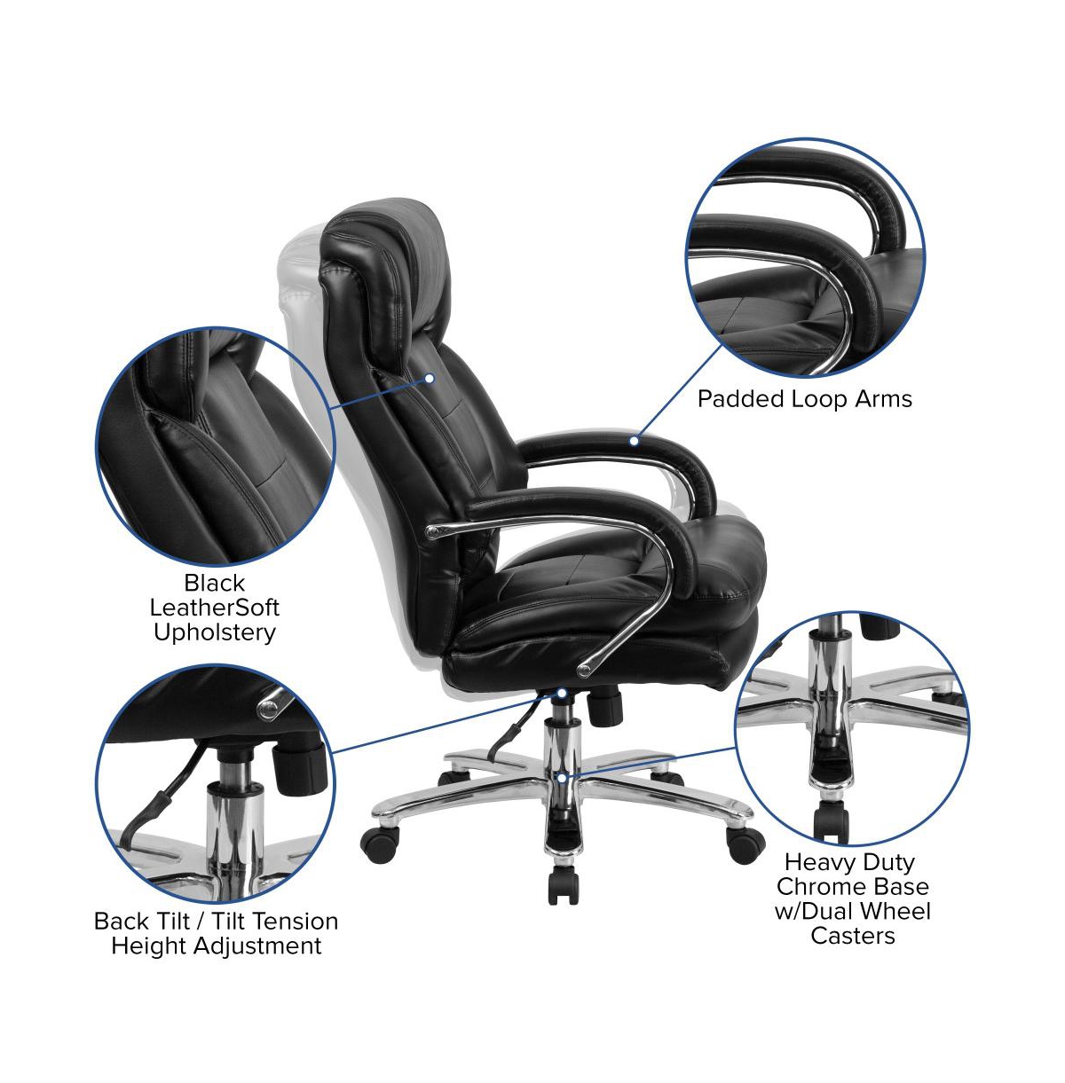 Emma+Oliver 24/7 500 lb. Big & Tall Executive Swivel Ergonomic Office Chair with Loop Arms