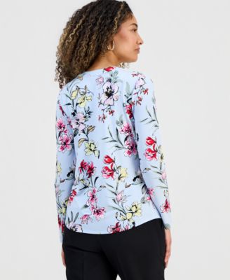 Petite Floral-Print Henley Top