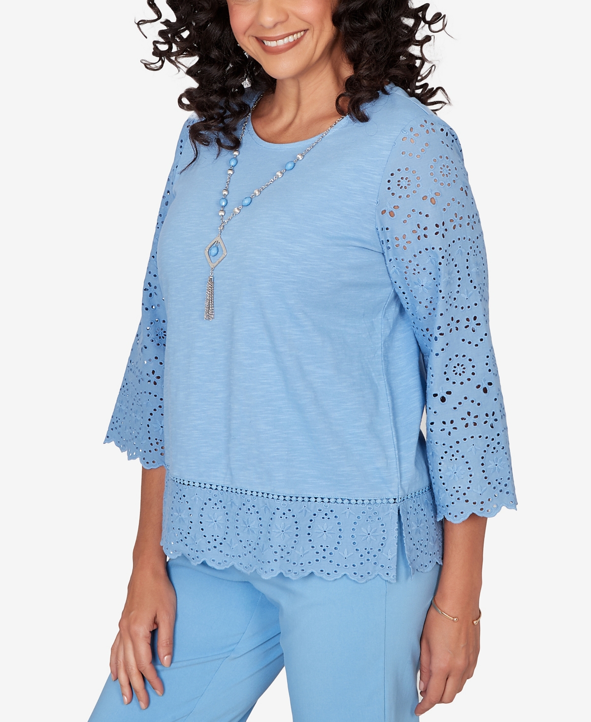 Alfred Dunner Petite St. Augustine Solid Eyelet Trim Top with Necklace