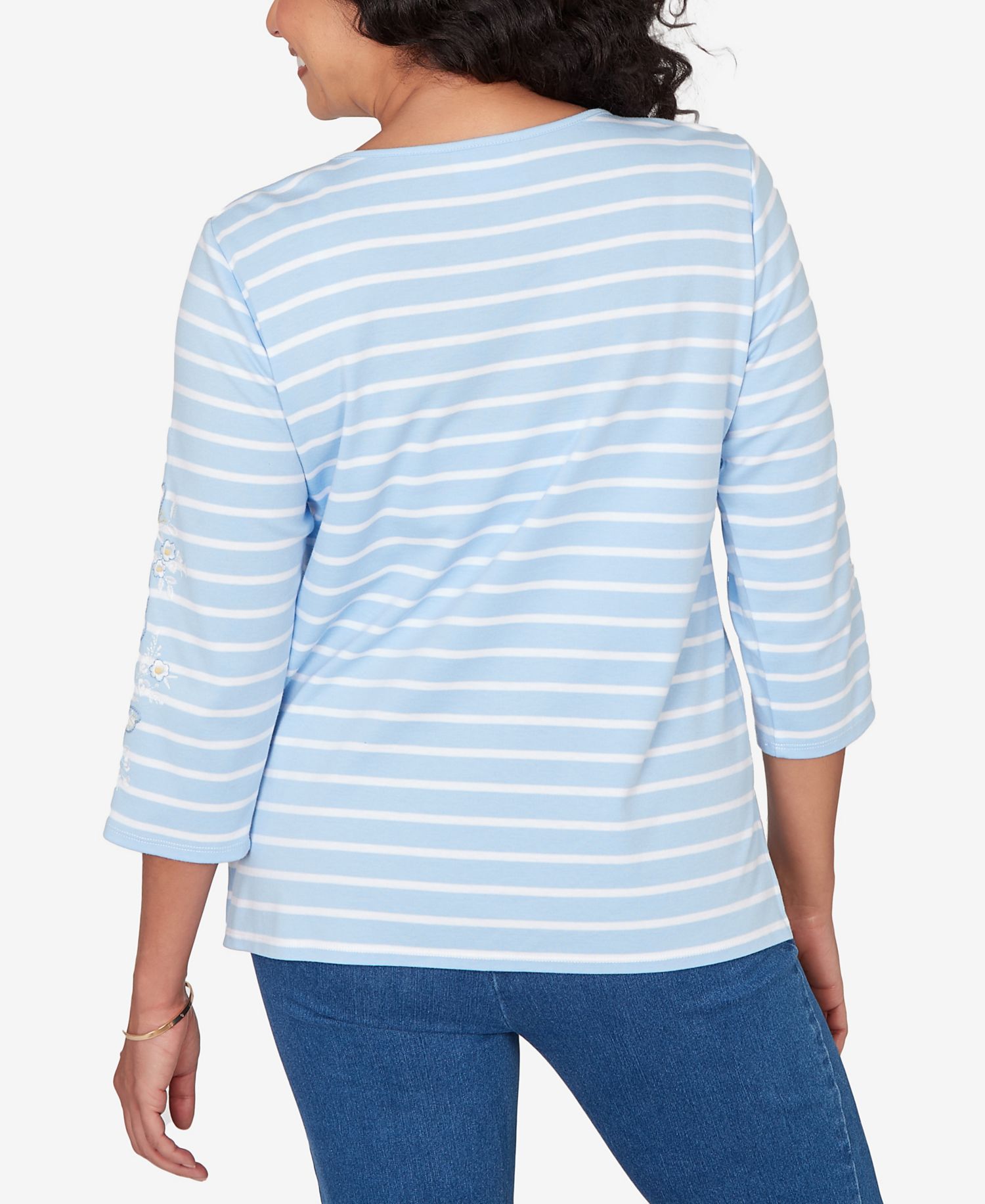 Petite Classic Stripe Cornflower Embroidered Sleeve Top with Necklace
