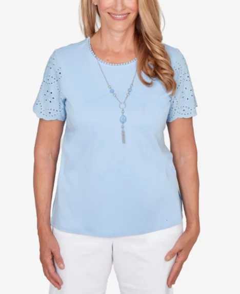 Petite Classic Solid Eyelet Sleeve Top with Necklace - Cornflower