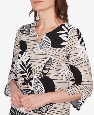 Petite Classic Tropical Leaf Border Print Split Neck Top