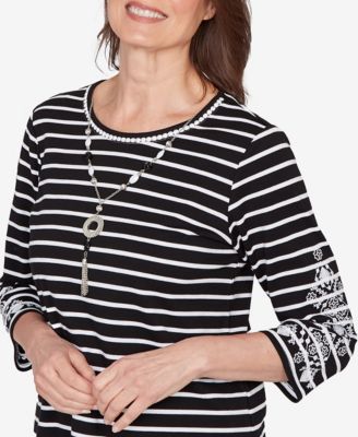 Petite Classic Pinstripe Embroidered Sleeve Top with Necklace