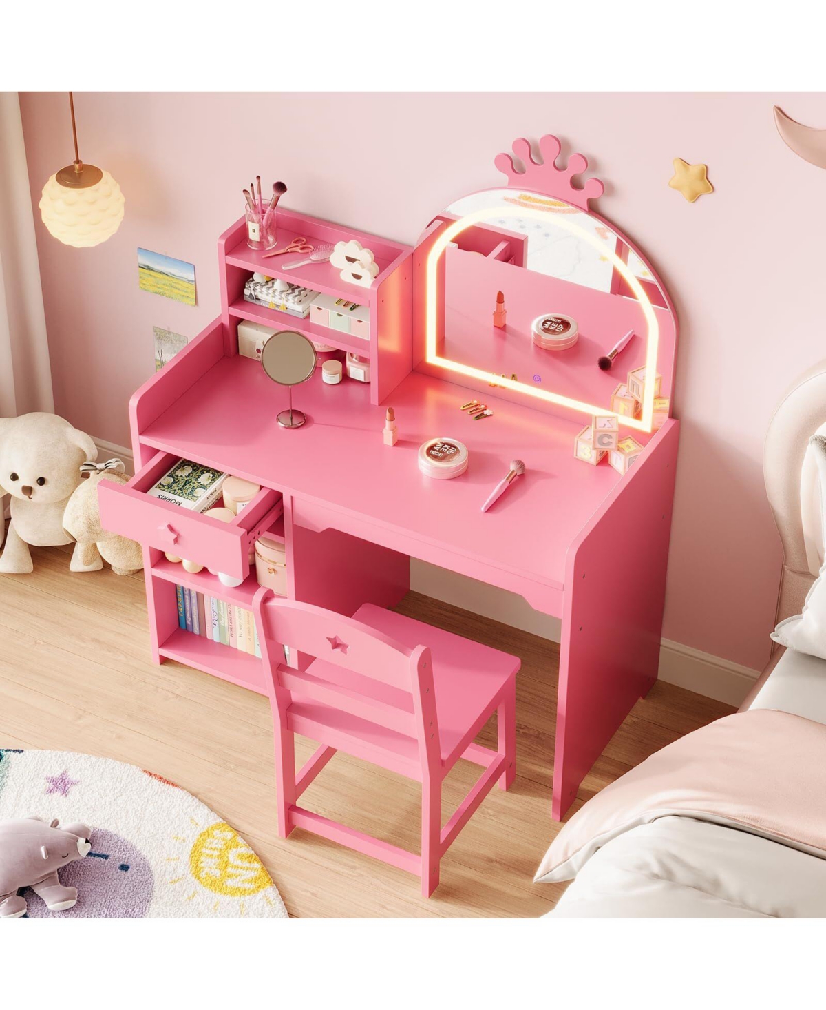 "Gaomon Kids Vanity Table & Chair Set with Mirror, Lights, Drawer & Shelves – White Wooden Makeup Desk for Little Girls Bedroom"