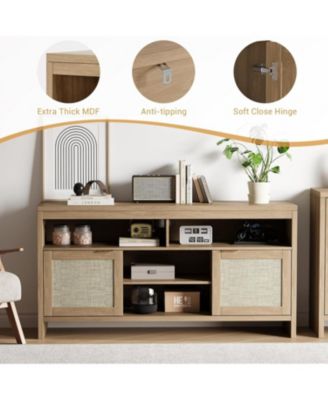 58" Boho TV Stand for 65" TVs, Rattan Entertainment Center with Adjustable Shelves, Oak