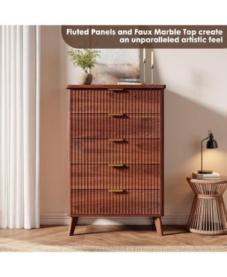 Fluted Dresser for Bedroom with 5 Deep Drawers 47in Tall Chest of Drawers with Faux Marble Top Curved Profile Design Modern Wooden Dresser