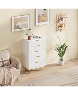 Modern Fluted Drawer Dresser Wood Chest of Drawers with Metal Handles and Legs, Storage Organizer Cabinet