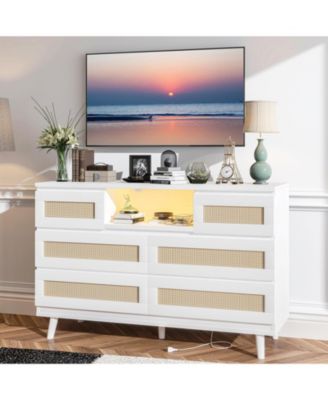 Natural Rattan Dresser for Bedroom, LED Light and Charging Station, Modern Chest Organizer