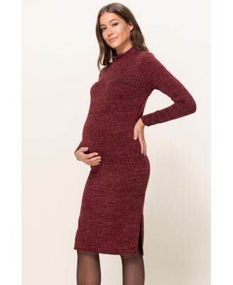 Maternity Mock Neck Long Sleeve Side Slit Sweater Dress