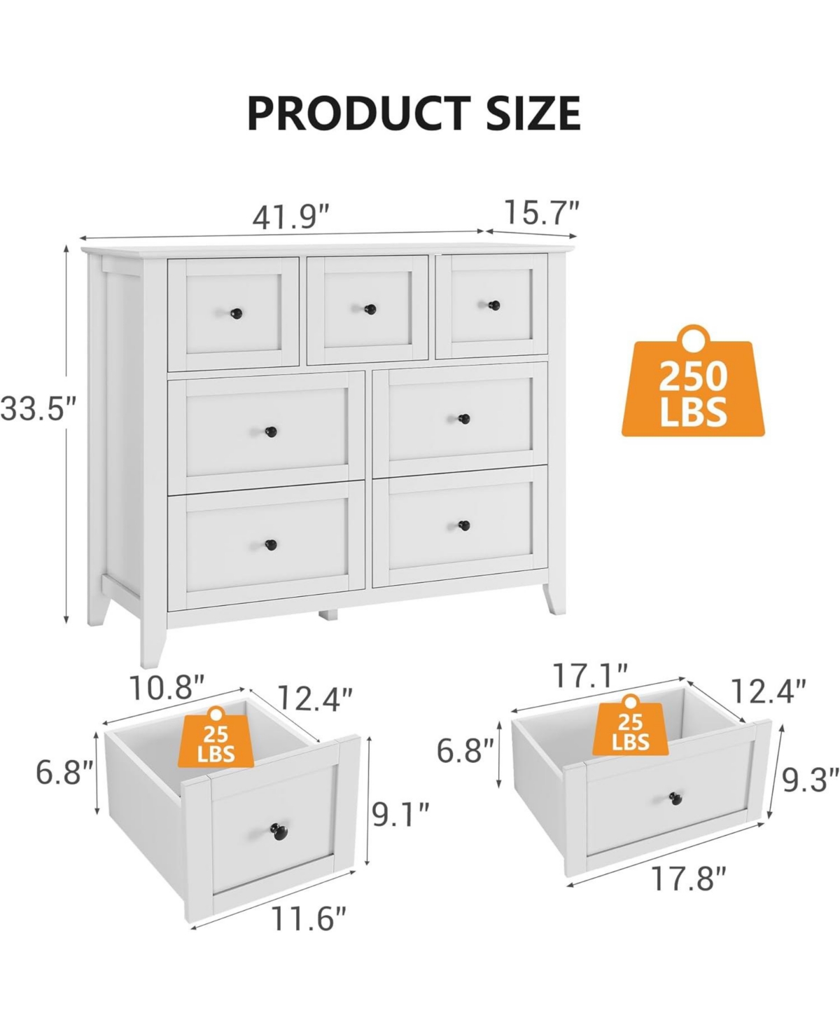 gaomon 7-Drawer Modern White Dresser, Wood Storage Cabinet Organizer Tv Stand for 48" Tv, Bedroom, Living Room, Entryway