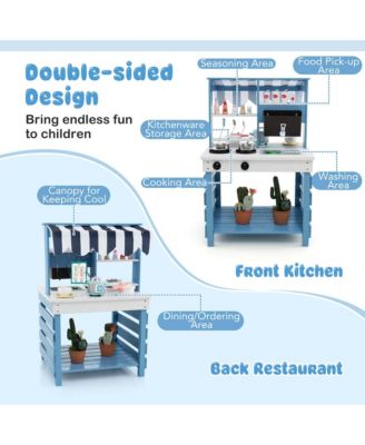 2-In-1 Wooden Mud Kitchen with Canopy Removable Sink Water Box Faucet Sound Effect