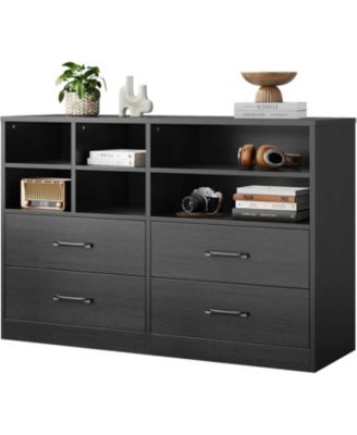 4-Drawer Black Bedroom Dresser, 6 Open Shelves, Modern TV Stand, Space-Saving Cabinet for Living Room