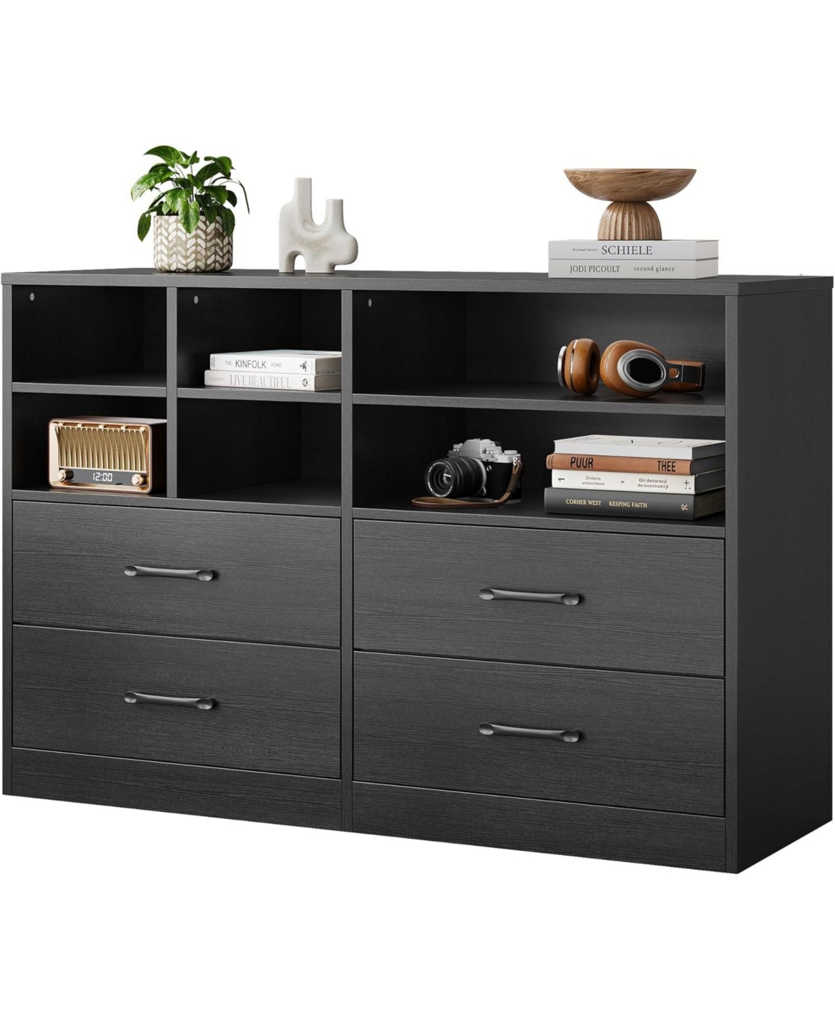 gaomon 4-Drawer Black Bedroom Dresser, 6 Open Shelves, Modern Tv Stand, Space-Saving Cabinet for Living Room - Black