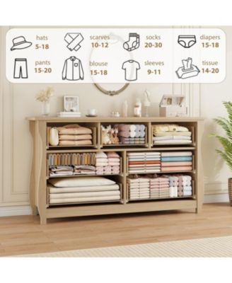 7-Drawer Modern Wood Dresser with Golden Ring Pull Handles, Wide Storage Organizer Chest for Living Room, Entryway, Oak Finish