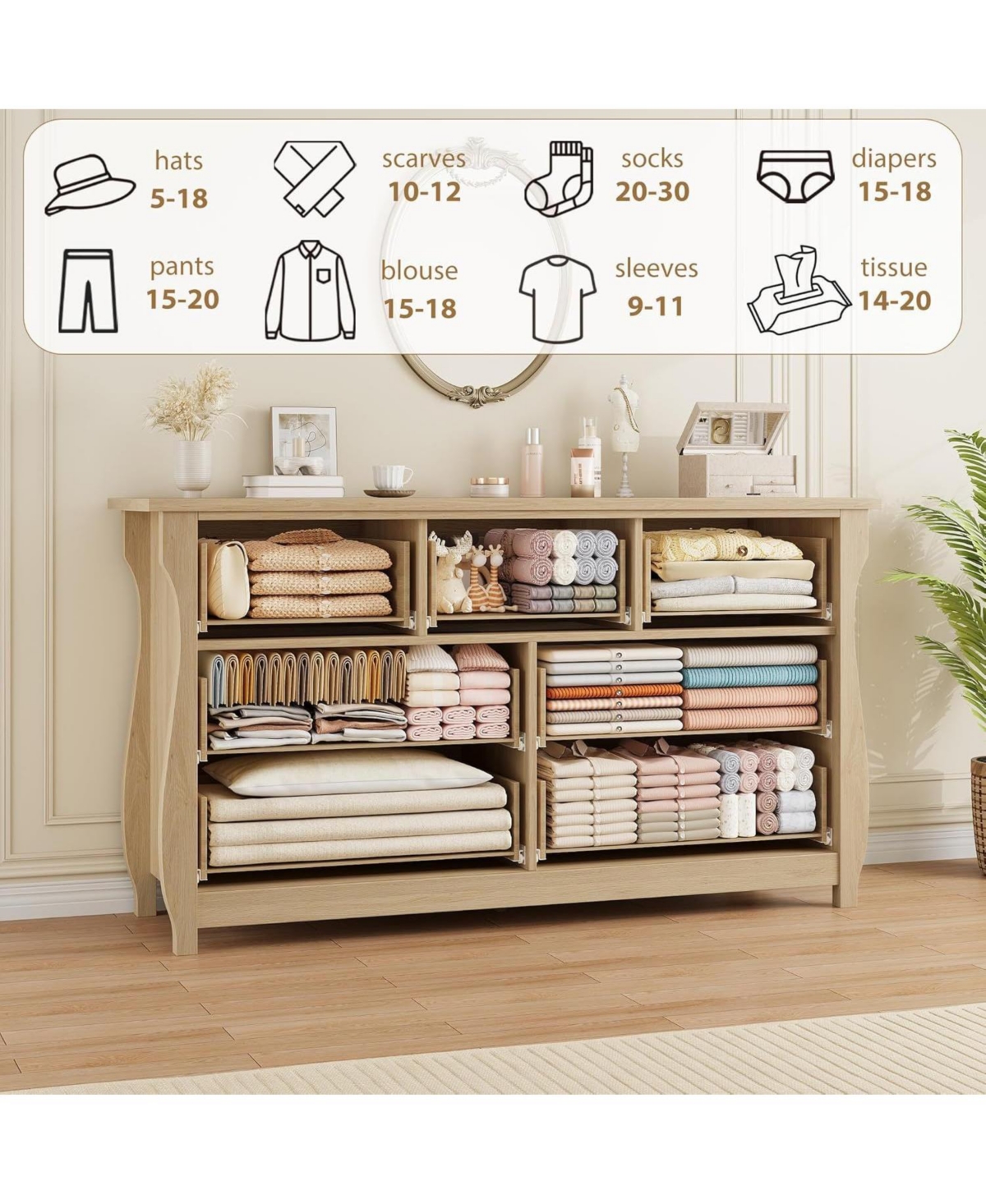 gaomon 7-Drawer Modern Wood Dresser with Golden Ring Pull Handles, Wide Storage Organizer Chest for Living Room, Entryway, Oak Finish