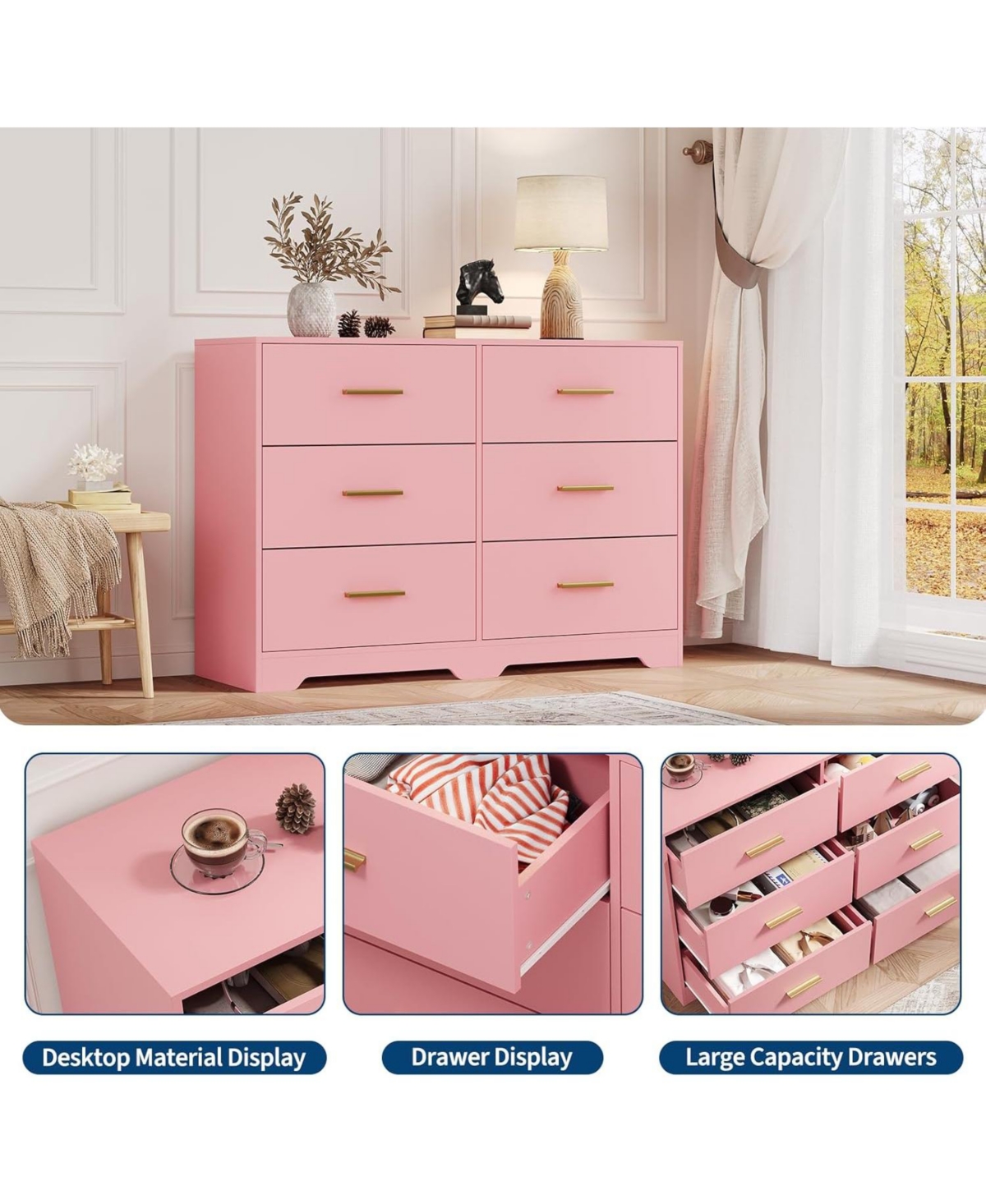 gaomon 6-Drawer Modern Wooden Dresser with Metal Handle, Bedroom Tv Stand, Large Storage Organizer, Living Room, Hallway