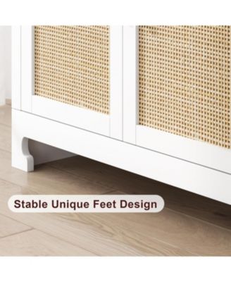 Modern Rattan Accent Storage Cabinet with 4 Doors & Shelf, Console Coffee Bar, Dining Room, Kitchen, Living Room, White
