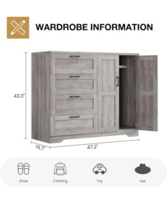 Modern Wooden Dresser for Bedroom, 43.3" 2-Door Wardrobe Armoire, 4 Drawers, Hanging Rod, Storage Cabinet