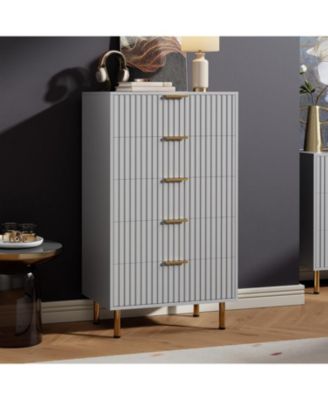 5-Drawer Modern Fluted Grey Dresser, Tall Chest with Deep Drawers, Wide Top, Wooden Storage Organizer for Living Room, Hallway, Kids Room
