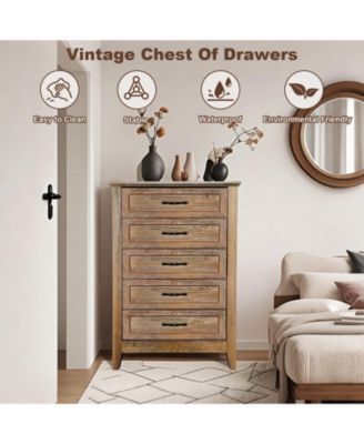5-Drawer Farmhouse Dresser, Tall Rustic Wood Chest, Vintage Finish, Spacious Storage for Bedroom, Living Room, Brown