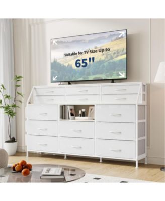 14 Foldable Fabric Drawer Dresser with Wood Top, TV Stand, Open Shelves, Metal Frame, Bedroom, Living Room, White