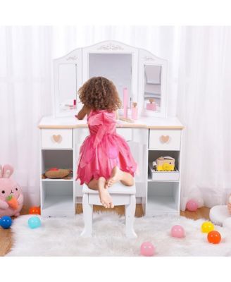 Kids 3 Drawer Wooden Dressing Table, Round Mirror with Lights, Stool, Modern Child Vanity Set