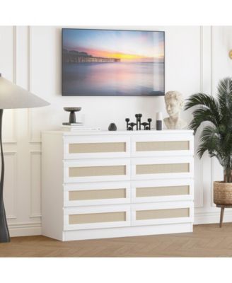 8 Drawer Double Dresser for Bedroom, Rattan Chest of Drawers, Modern Storage Organizer